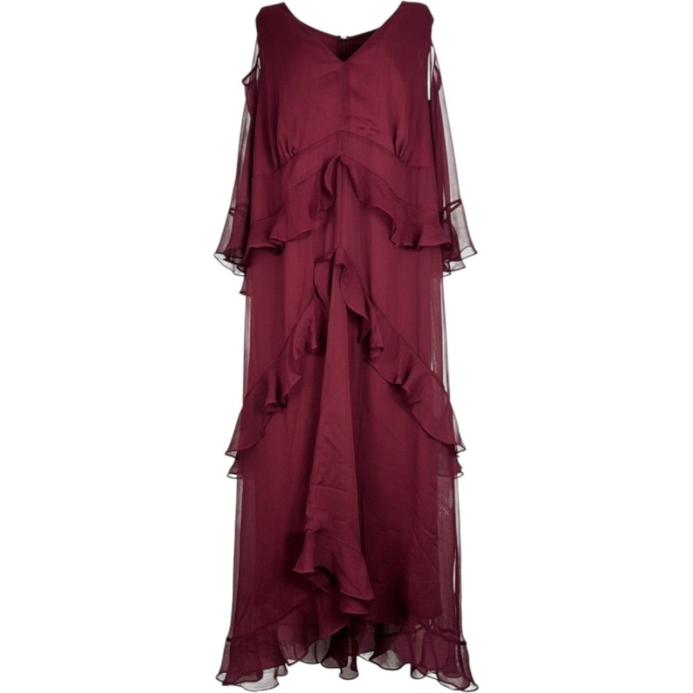 Tahari ASL Maxi Dress Womens 18W Burgundy Ruffle Cold Shoulder Formal Gown